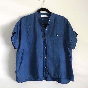 Everlane Linen Collarless Square Shirt in Indigo
